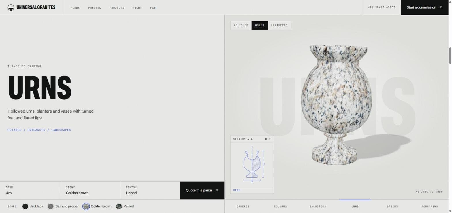 Universal Granites configurator showing an urn in golden brown granite with a honed finish, the urn's section drawing, and the form, stone and finish summary beside a Quote this piece button