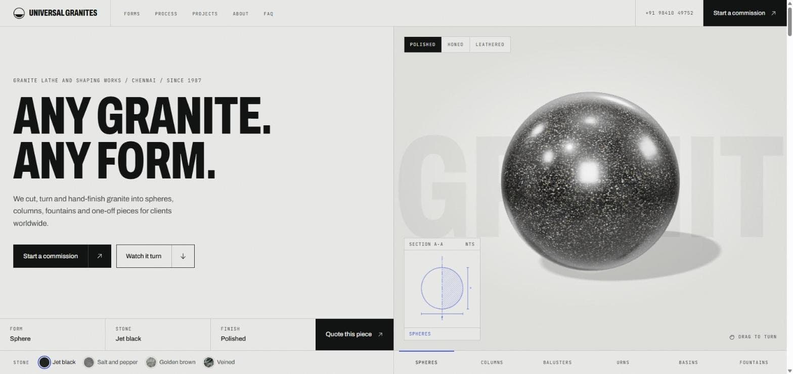 Universal Granites home page with the headline Any granite. Any form. beside a live 3D jet black granite sphere, finish buttons for polished, honed and leathered, a section drawing and stone swatches